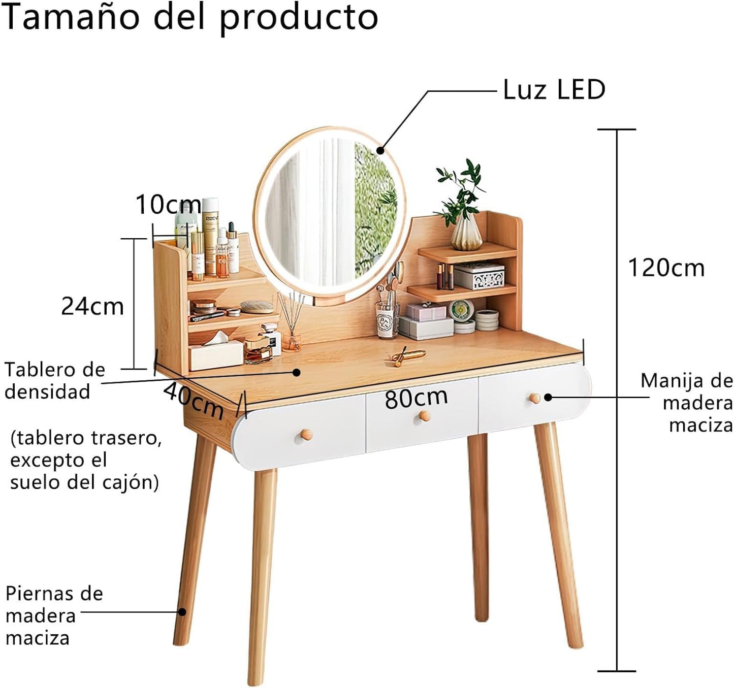 SEIRITÉ Tocador Vanity con Espejo Iluminado Luz LED - Mueble Minimalista para Maquillaje con 6 Cajones y Estantes, Escritorio para Recámara, 134x40x122 cm, Blanco