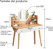 SEIRITÉ Tocador Vanity con Espejo Iluminado Luz LED - Mueble Minimalista para Maquillaje con 6 Cajones y Estantes, Escritorio para Recámara, 134x40x122 cm, Blanco