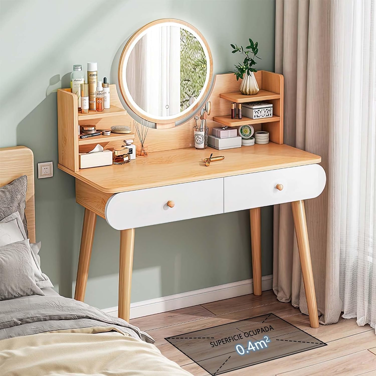 SEIRITÉ Tocador Vanity con Espejo Iluminado Luz LED - Mueble Minimalista para Maquillaje con 6 Cajones y Estantes, Escritorio para Recámara, 134x40x122 cm, Blanco