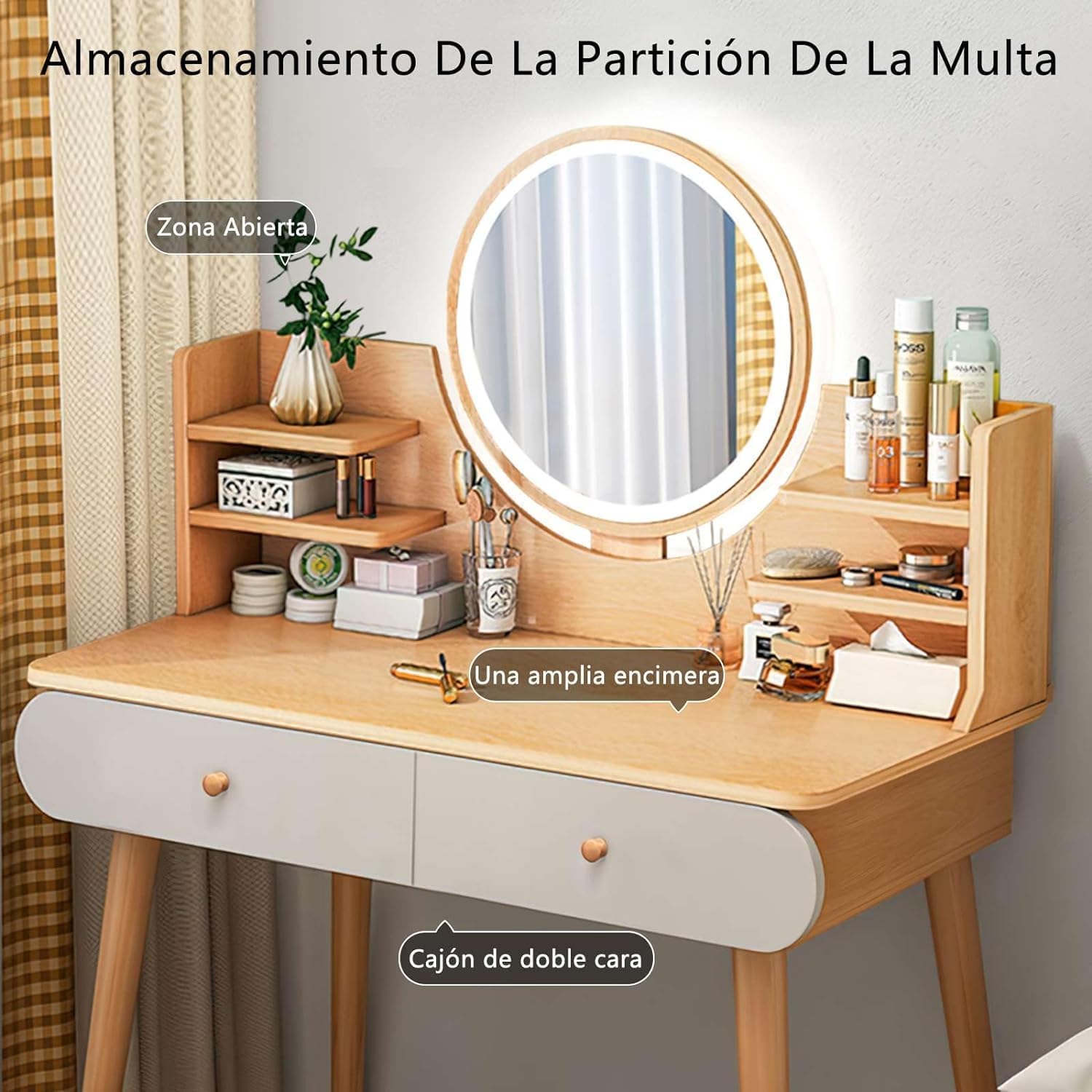 SEIRITÉ Tocador Vanity con Espejo Iluminado Luz LED - Mueble Minimalista para Maquillaje con 6 Cajones y Estantes, Escritorio para Recámara, 134x40x122 cm, Blanco