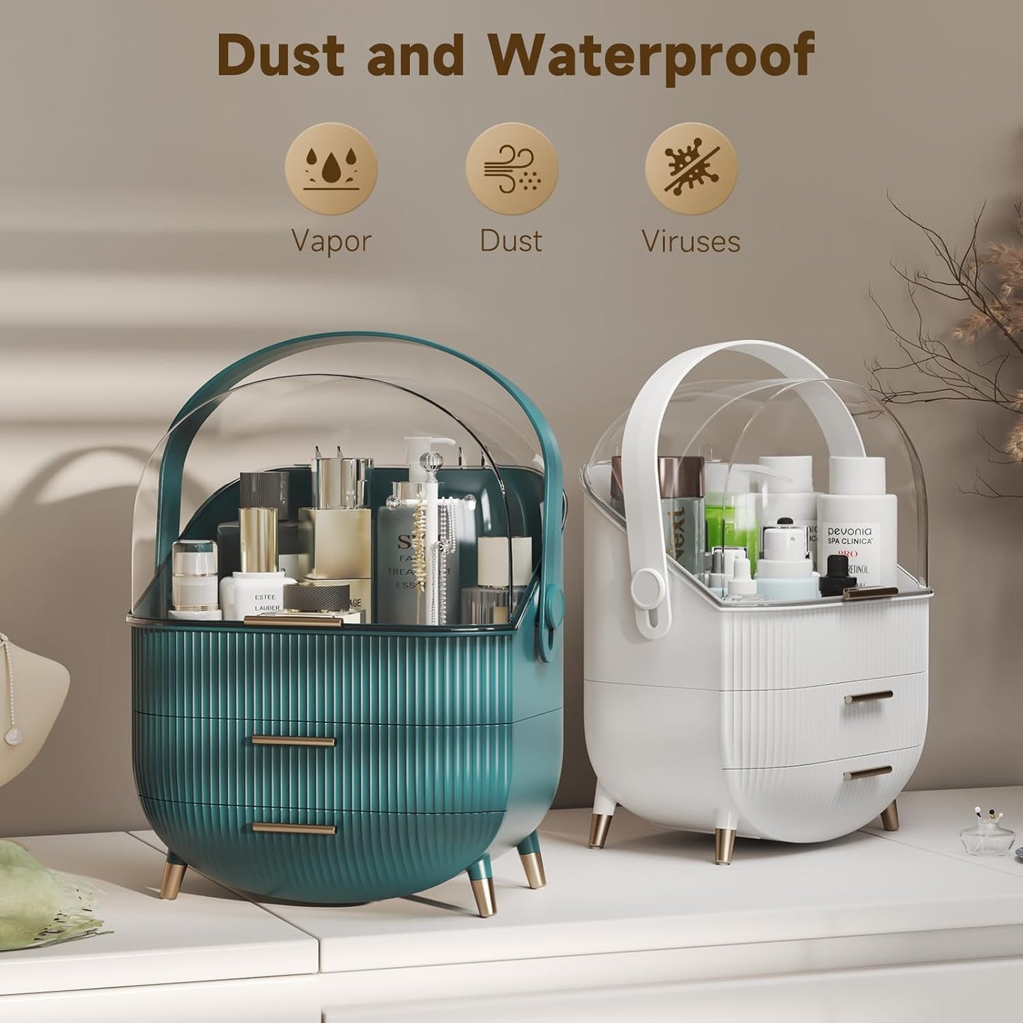 Seirité Organizador de Maquillaje Portátil con Cajón y Asa - Organizador de Cosméticos de Gran Capacidad para Tocador, Baño y Dormitorio - Diseño Elegante en Verde