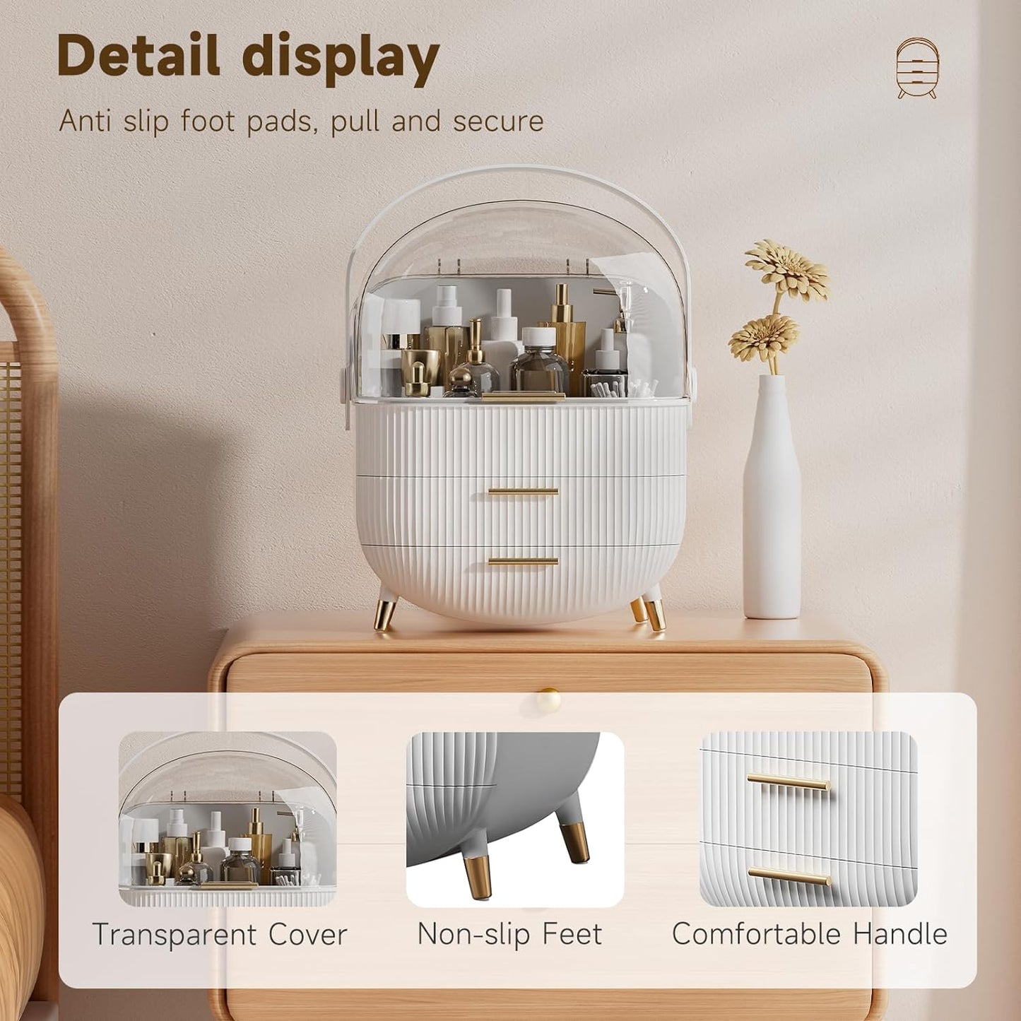 Seirité Organizador de Maquillaje Portátil con Cajón y Asa - Organizador de Cosméticos de Gran Capacidad para Tocador, Baño y Dormitorio - Diseño Elegante en Verde