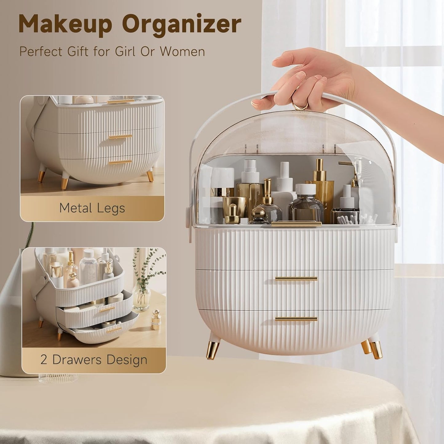 Seirité Organizador de Maquillaje Portátil con Cajón y Asa - Organizador de Cosméticos de Gran Capacidad para Tocador, Baño y Dormitorio - Diseño Elegante en Verde