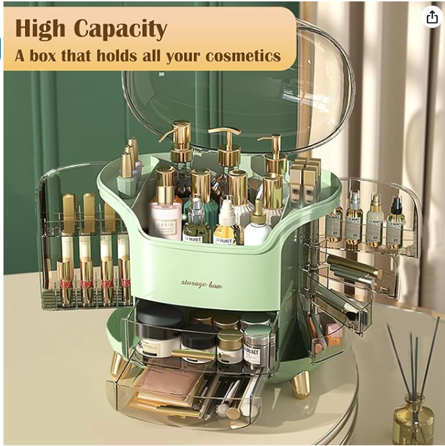 Seirité Organizador de Maquillaje con 9 Compartimentos y Cajones - Gran Capacidad en ABS de Alta Calidad para Tocador y Baño - Color Blanco y Verde