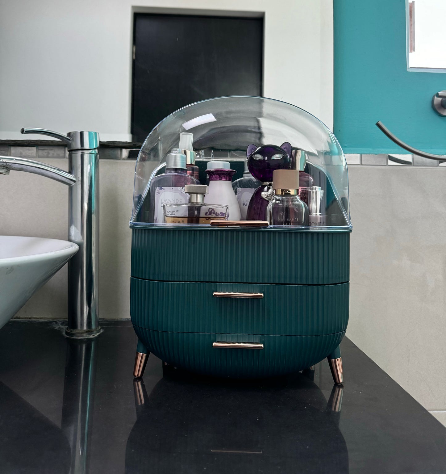 Seirité Organizador de Maquillaje Portátil con Cajón y Asa - Organizador de Cosméticos de Gran Capacidad para Tocador, Baño y Dormitorio - Diseño Elegante en Verde