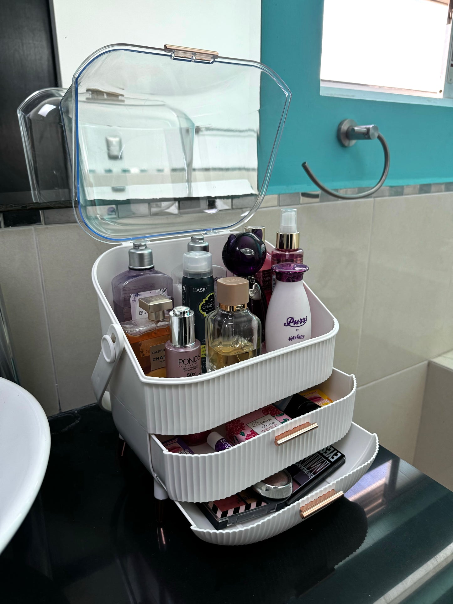 Seirité Organizador de Maquillaje Portátil con Cajón y Asa - Organizador de Cosméticos de Gran Capacidad para Tocador, Baño y Dormitorio - Diseño Elegante en Verde