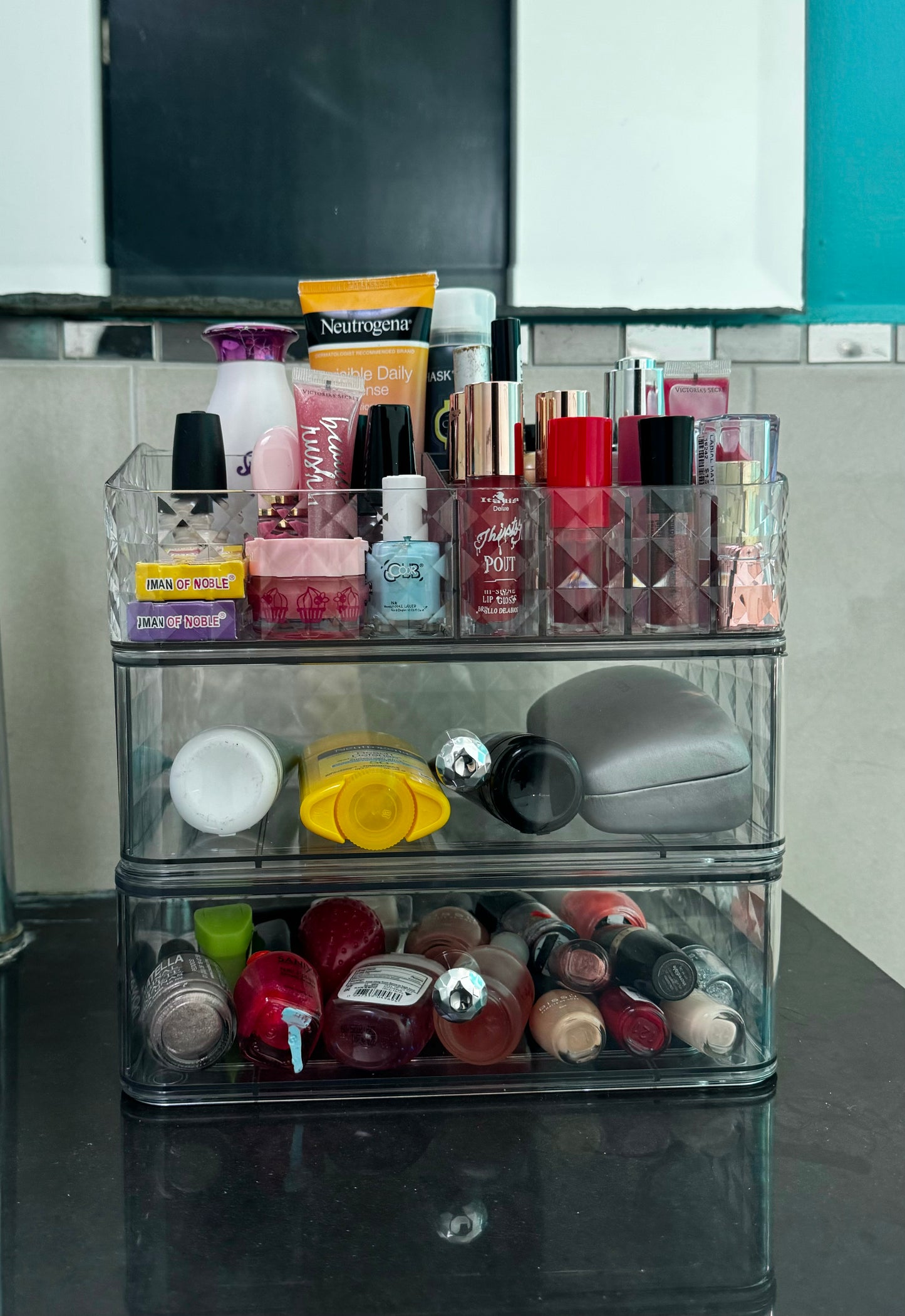 Seirité Organizador de Maquillaje Apilable con Cajón y Bandeja - Transparente